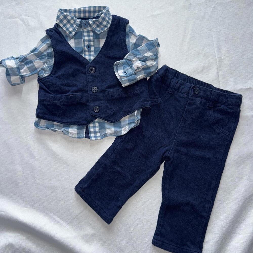Baby‎ Boy Outfit 3-6 Month Vest Plaid Shirt Soft Pants Cat & Jack Easter Church